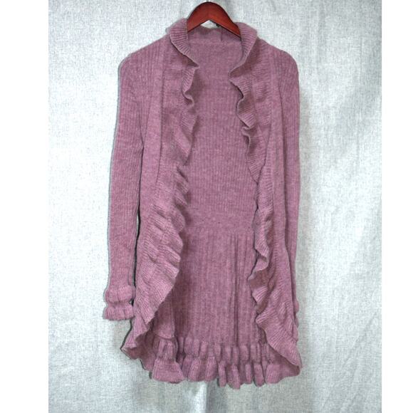Italian Made Mohair Wool Blend Ruffle Open Front Cardigan Sweater in Mauve  6 - Picture 1 of 2